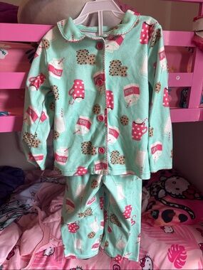 Kids Mint Green Milk & Cookies Pajama Set with Pink Accents